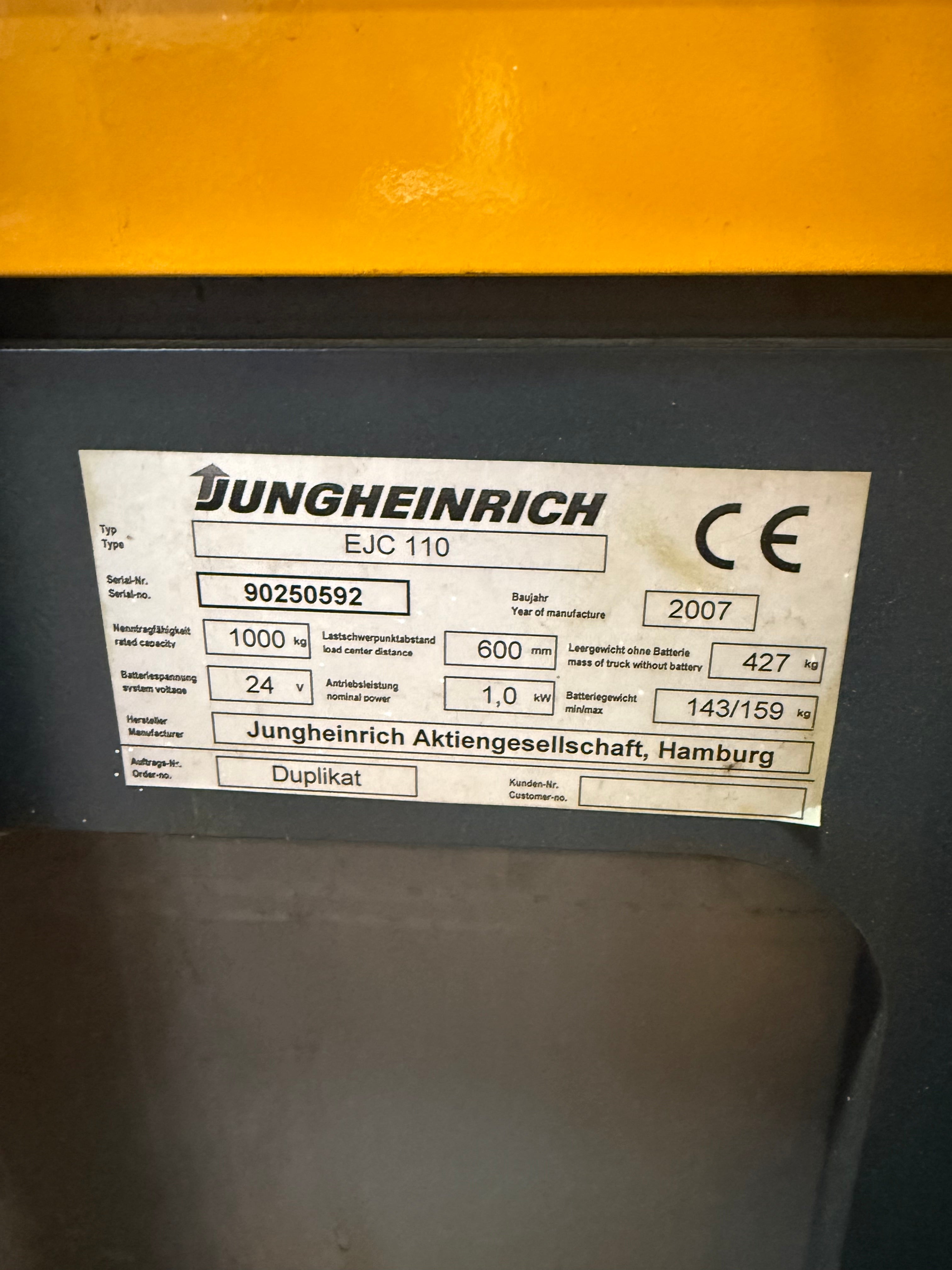 S00015 - 544uur Jungheinrich EJC110 Duplo 3,60m 1000kg WEINIG UREN